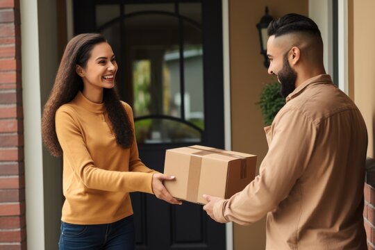 Delivery person handing package to customer at door