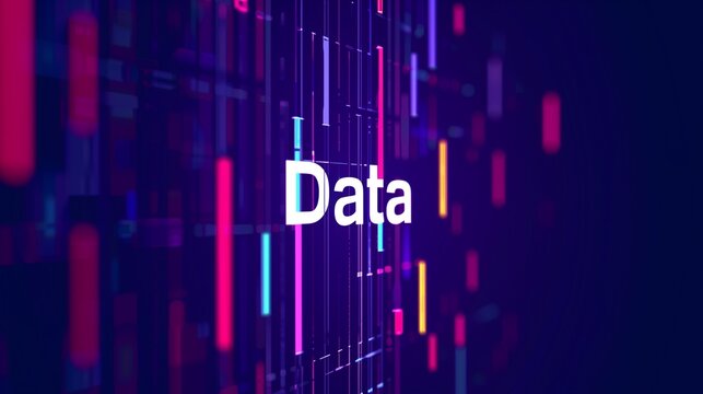Text 'Data' on abstract floating data bars background, data science concept.