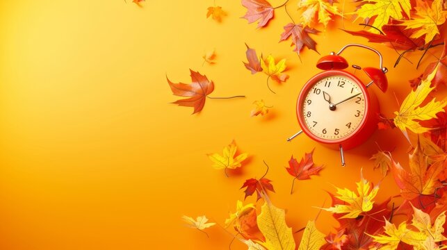 Autumn background with a red alarm clock