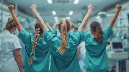 Fototapeta premium Healthcare professionals celebrate success in a medical environment, showcasing teamwork and dedication in scrubs.