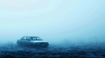 Fototapeta premium cinematic scene of car in the foggy field