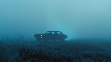 Fototapeta premium cinematic scene of car in the foggy field