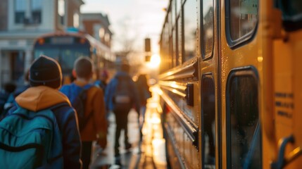 Close up of a yellow school bus with children boarding in
