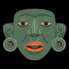Pre-Columbian Native American jade mask of Maya Indians. Ethnic Indigenous art. Green human head with red lips on black background.