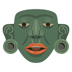 Pre-Columbian Native American jade mask of Maya Indians. Ethnic Indigenous art. Green human head with red lips. Isolated on white background.