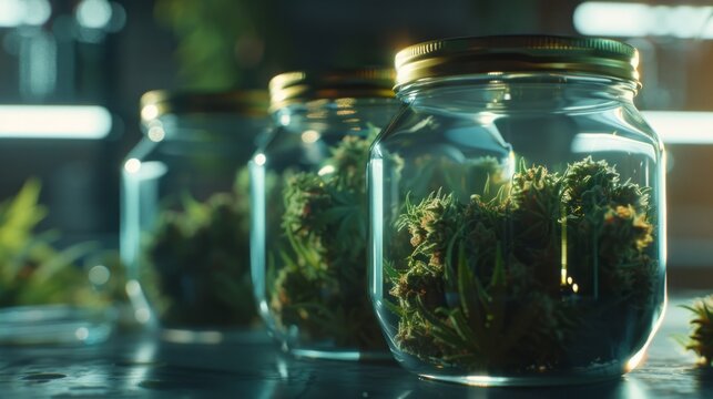 row of jars filled of kush close up