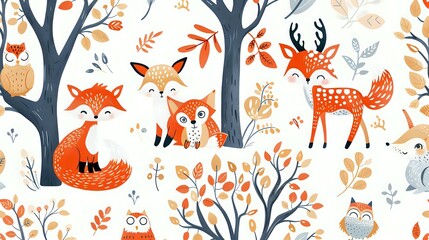 Whimsical Woodland: Foxes, Owls, and Deer in Autumn