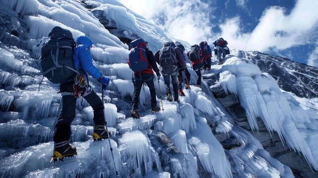 Mountaineers Ascending an Icy Slope