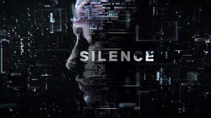 pixel head made of black and white pixels with glitch effect and text SILENCE