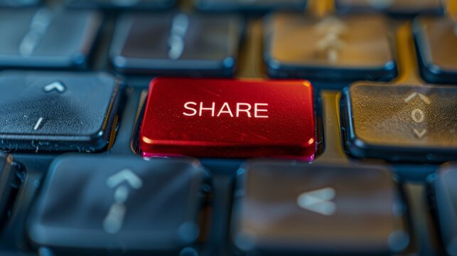 Keyboard button close-up focus on the red enter button saying SHARE