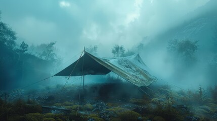 42. Tarp Setup, realistic style, colors full, abstract shapes, low angle, ambient light, fog,