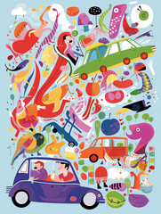 Colorful cartoon illustration of cars, people, animals and plants.