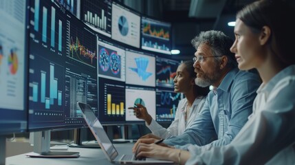 Wide Back Shot of Diverse Team of Data Scientists Discussing Graphs And Reports On Big Digital Screen In Monitoring Office. Multiethnic Employees Working On Desktop Computers, Generative AI