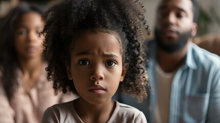 distressed 9-year-old african american girl with tears in her eyes with parents on a background