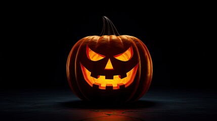 create scary orange pumpkin looking straight at us, with lights inside, solid black background, 4k, photorealistic, copy-space with generative ai