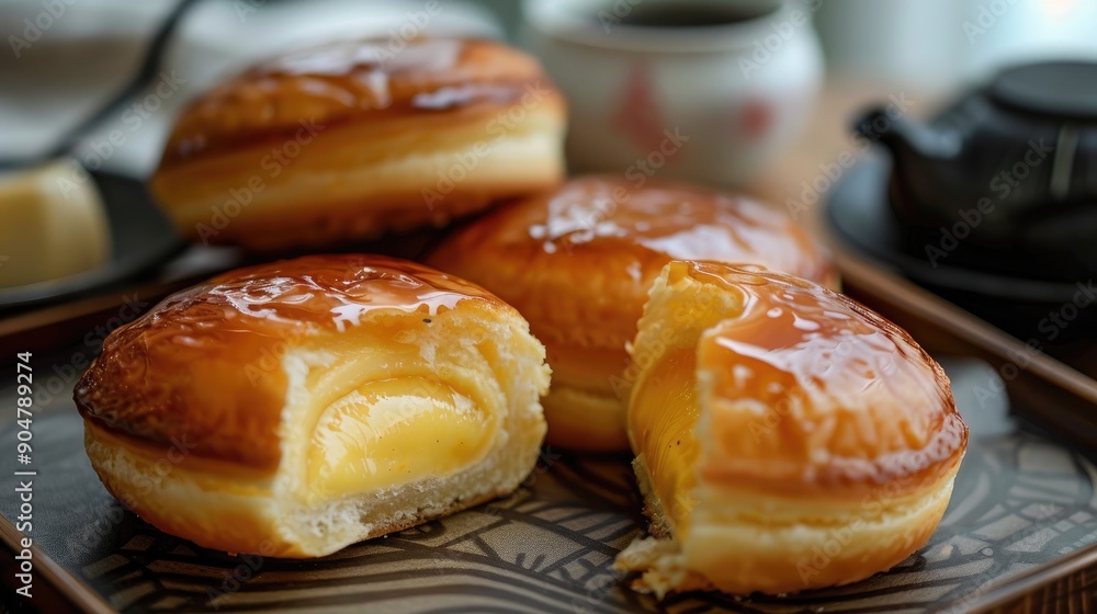 Poster Japanese pastry with creamy custard filling and tea