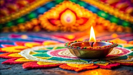 Diwali Celebration with a Lit Diya on Colorful Rangoli.