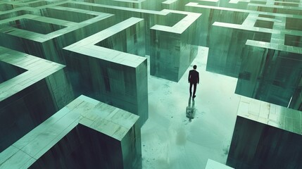 business maze with high glossy walls and a suited businessperson standing at a crossroad