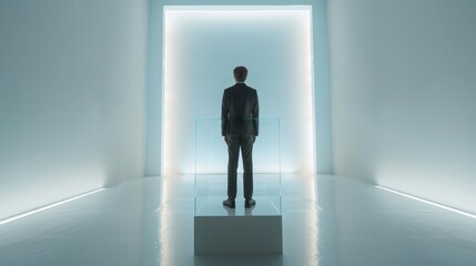 Fototapeta premium person in a business suit standing at a clear glass podium, addressing an audience in a large conference hall, bright indoor lighting