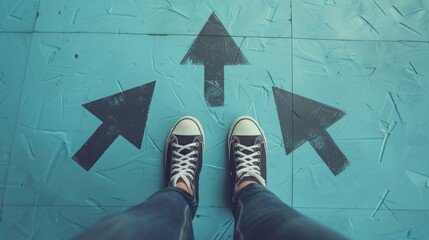 person's feet standing on a clean, solid pastel blue background, with black arrows pointing in different directions