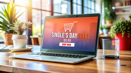 Single's Day Sale Promotion on Laptop Screen.