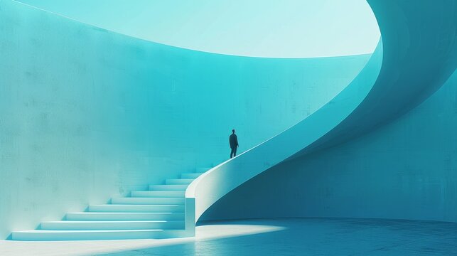 person standing at the top of a minimalist modern staircase, against a clean pastel blue background