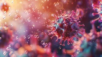 Obraz premium virus particle magnified under a microscope, suspended in a clear liquid with tiny bubbles