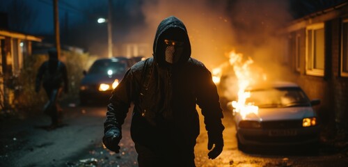Hooded figure walking past burning car at night
