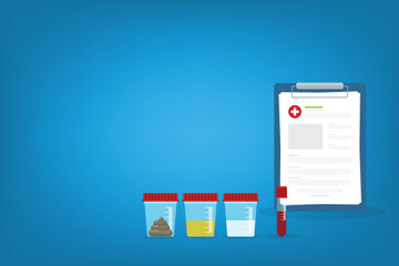 Urine, stool, sperm and blood analysis. Urine, stool, sperm and blood test icon. Medical analysis laboratory test. Medical samples in a plastic box and medical report clipboard.	