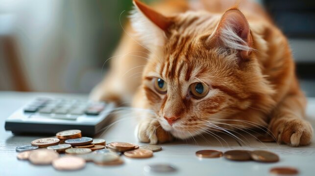 Orange tabby cat looking at coins