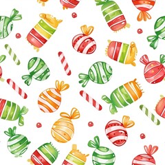"Christmas Colored Candy Print on White Background: Festive and Cheerful Holiday Pattern"