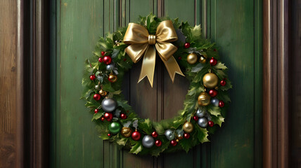 christmas wreath on wooden background