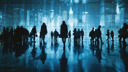 Busy Modern Cityscape with Silhouetted Figures in Motion Against Digital Skyline Background