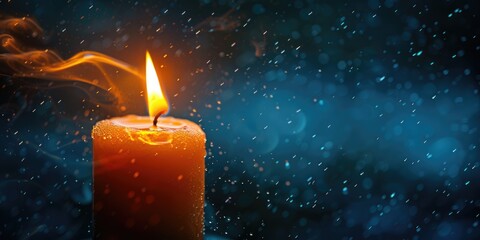 Burning candle with blue bokeh background