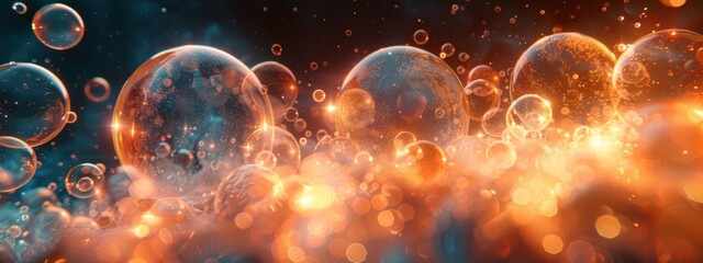 Bright blue water drops on glass with glowing bubbles and a dreamy bokeh background