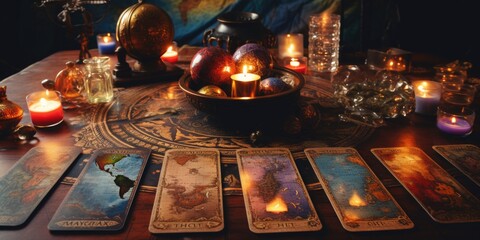 Tarot cards spread on wooden table
