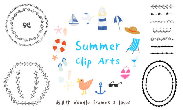 Rough hand-drawn summer clipart and bonus Doodle line art.