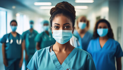 african american nurse with medical workers team in the hospital wearing face masks
