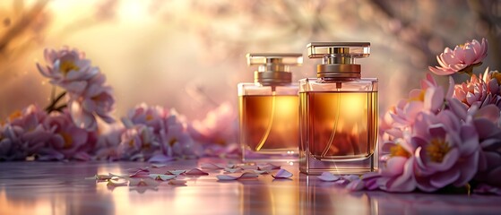 Luxurious perfume bottles with flowers in soft warm lighting