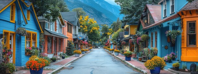 Obraz premium A panoramic view of a vibrant city with houses nestled against the mountains, surrounded by lush trees and a clear sky, showcasing a summer landscape of nature and architecture