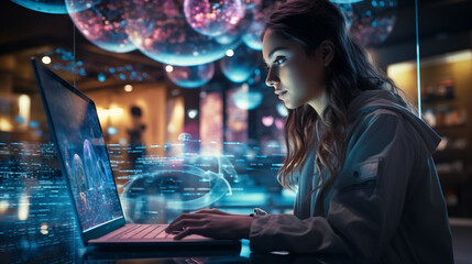 Digital technology, internet network connection, big data, digital marketing IoT internet of things. Woman using modern computer surfing internet futuristic metaverse, innovative technology background