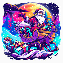 Santa Claus Riding a Sleigh with Reindeer and Gifts