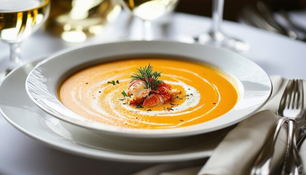 A smooth lobster bisque garnished with cream and dill, served in a white bowl at a fine dining restaurant, offering a luxurious culinary experience.