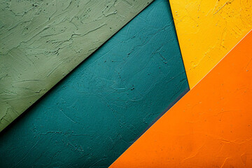 Photo of abstract green, orange and yellow paper background for design. Flat lay top view of empty copy space banner template.