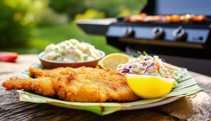 Pescado frito con ensalada de col y rodaja de limón en un plato en un picnic.