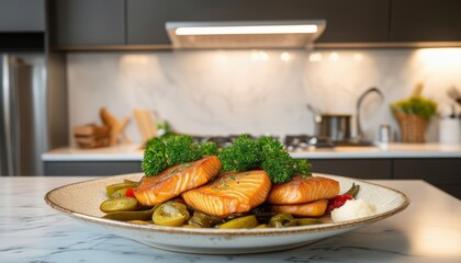 Filete de salm&oacute;n con papas y hierbas frescas en un plato en una cocina moderna.