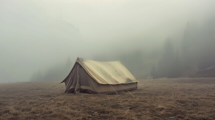 51. Tent, realistic style, earth tones, nature-inspired pattern, wide shot, natural light, fog,