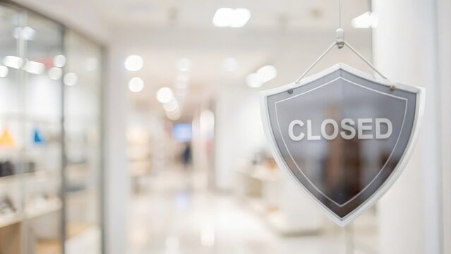 Business Interruption Insurance &ndash; Image of a store with a shield and background of closed sign and financial documents, indicating business interruption insurance.
