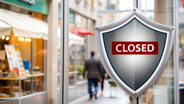 Business Interruption Insurance &ndash; Image of a store with a shield and background of closed sign and financial documents, indicating business interruption insurance.
