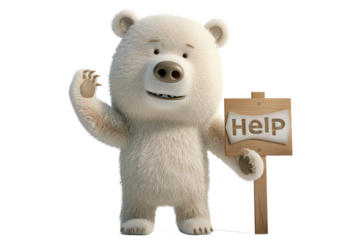 3D polar bear holding a sign asking for help on transaparent png file